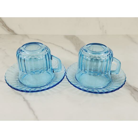 Fortecrisa Azure Ice Blue Glass Tea Cup Saucer 70's Interior Ribbed 3" Mexico x4 - Picture 7 of 13